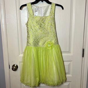 Pretty girls lime green dress. FleurdeLise print top & chiffon skirt. Size 14